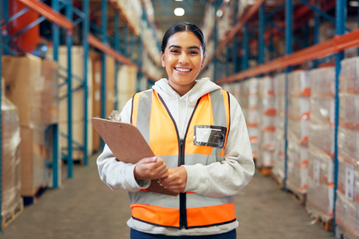 Worker Organizing Products in Large Distributor Warehouse Facility in USA